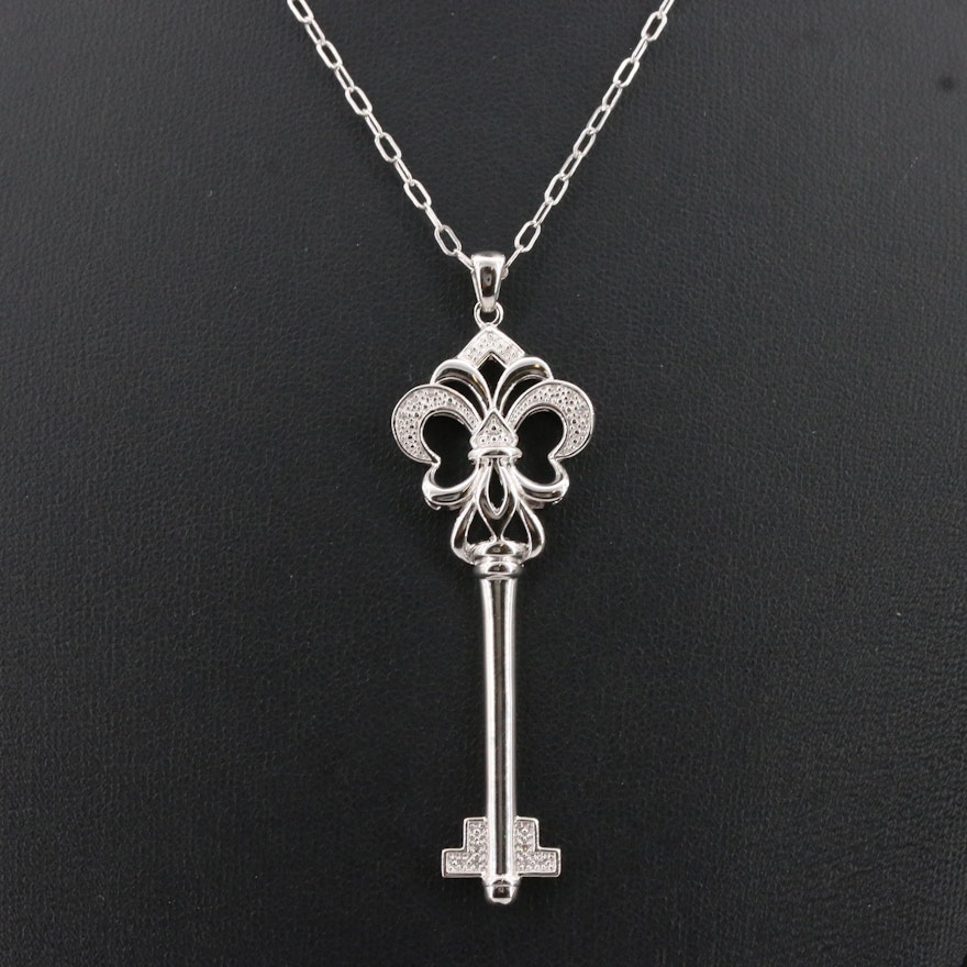 Sterling Silver Key Pendant with Diamond Accent