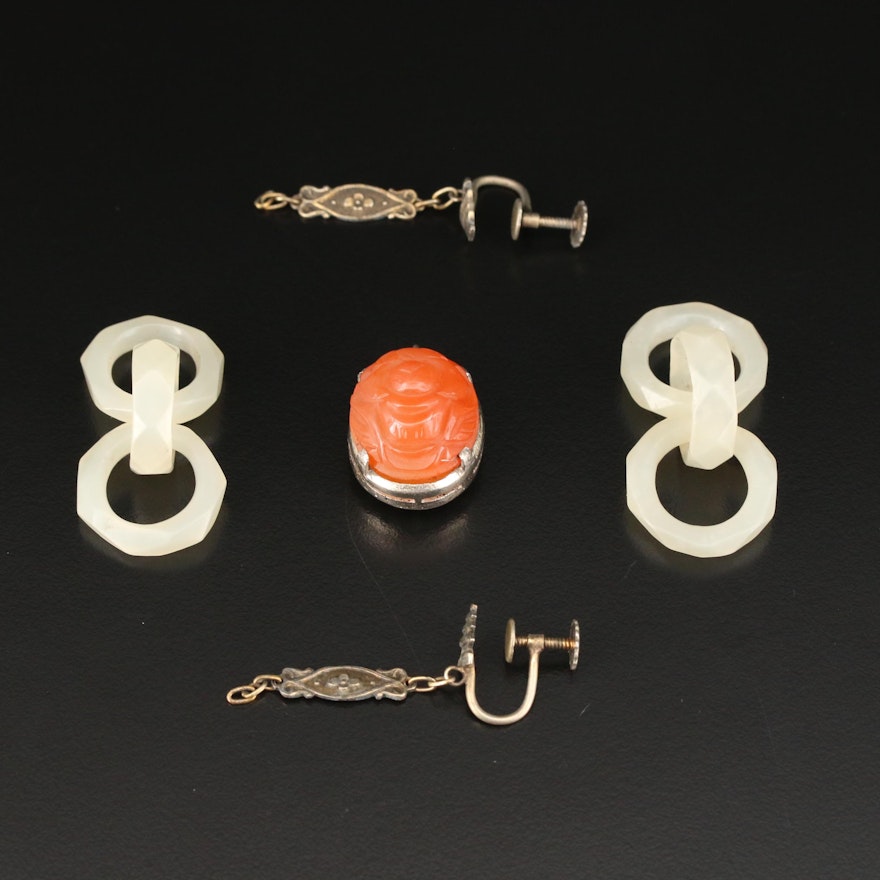 Vintage Carved Carnelian Pendant, Serpentine Pendants and Earrings Findings