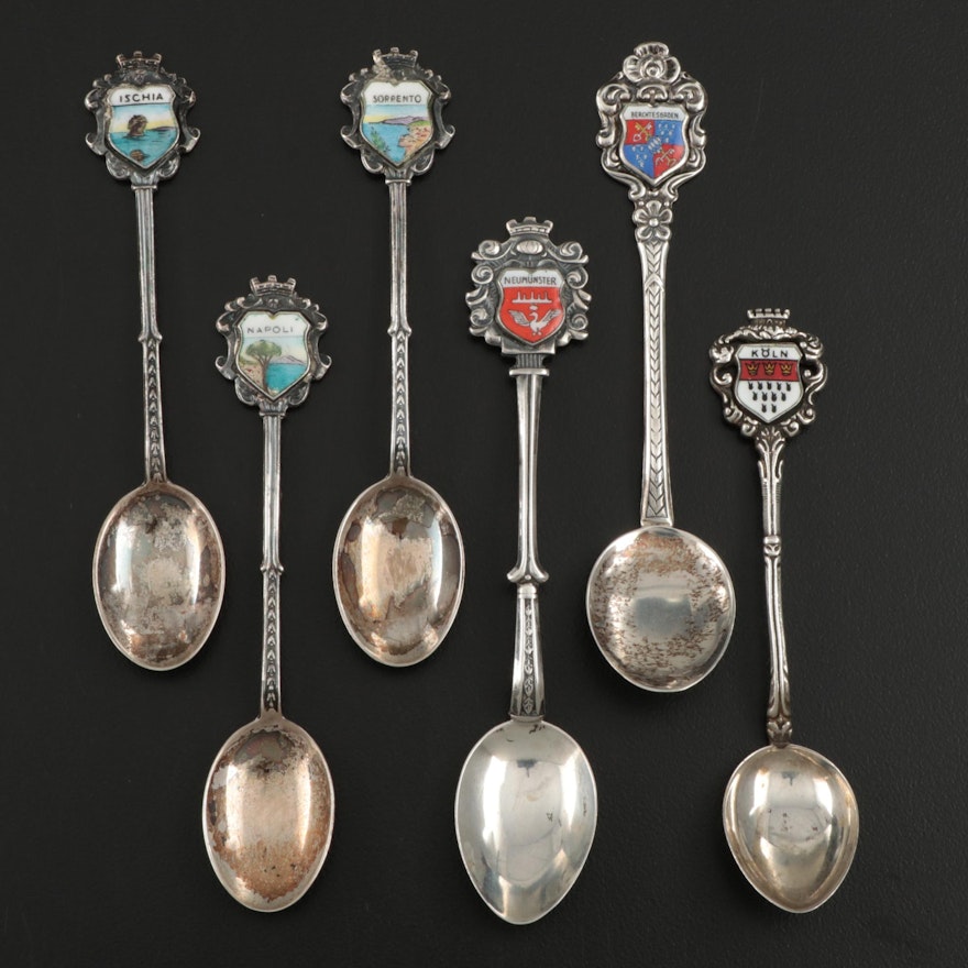 German and Italian 800 Silver and Enamel Souvenir Spoons