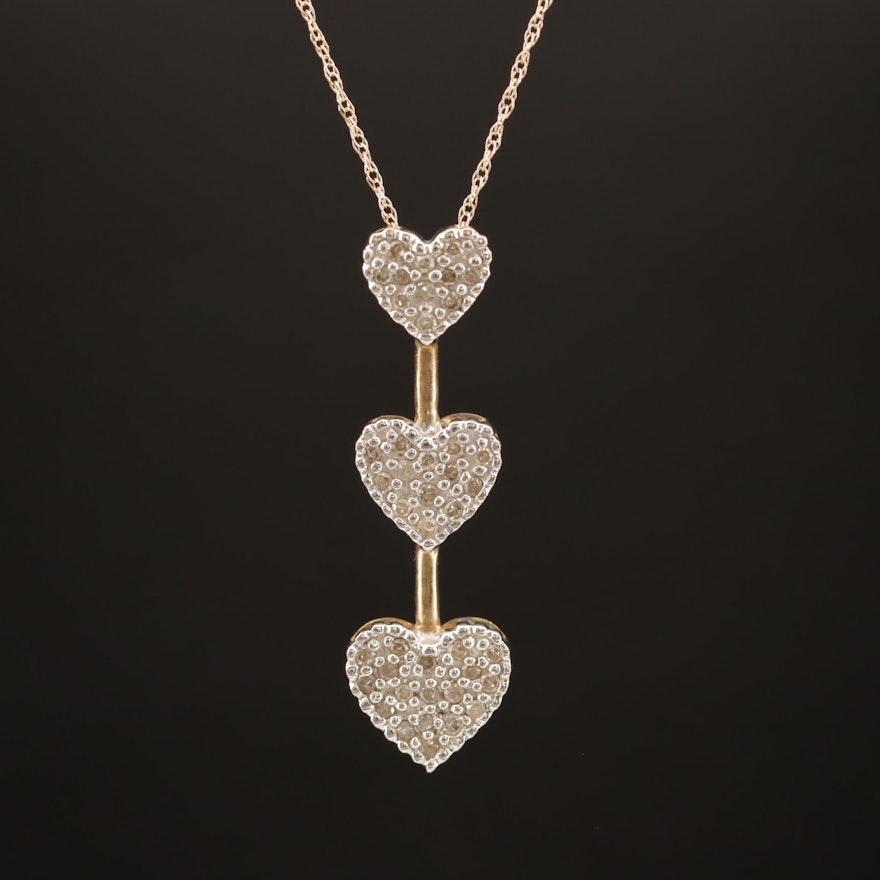10K Diamond Graduated Heart Pendant with 14K Chain Necklace