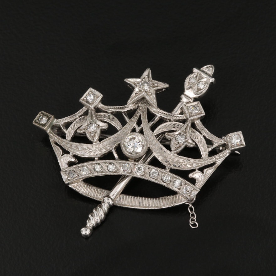 14K Diamond Crown and Scepter Brooch