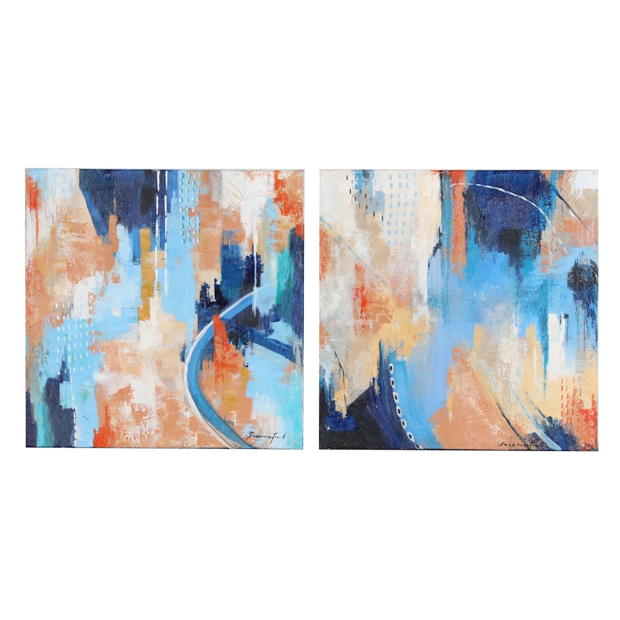 Sanna Abstract Diptych Acrylic Painting "Blue Skyline", 2019