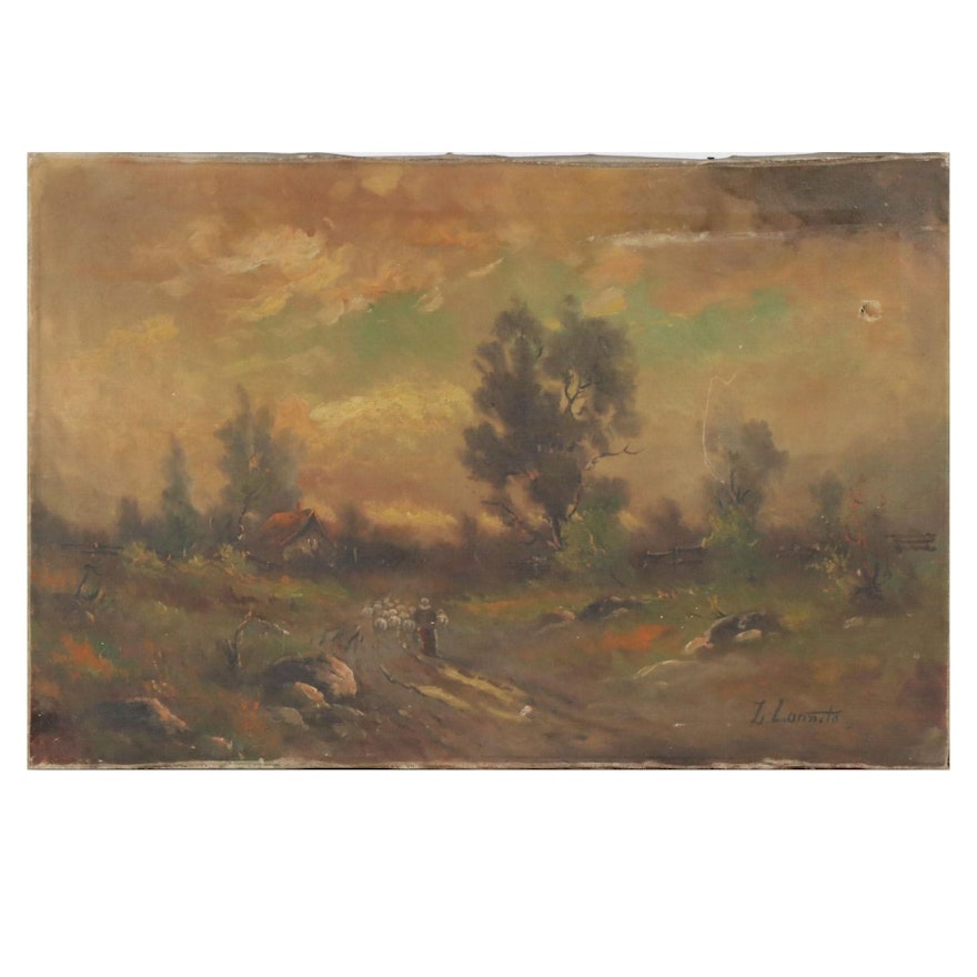 Pastoral Road Scene with Sheep Oil Painting, Late 19th to Early 20th Century