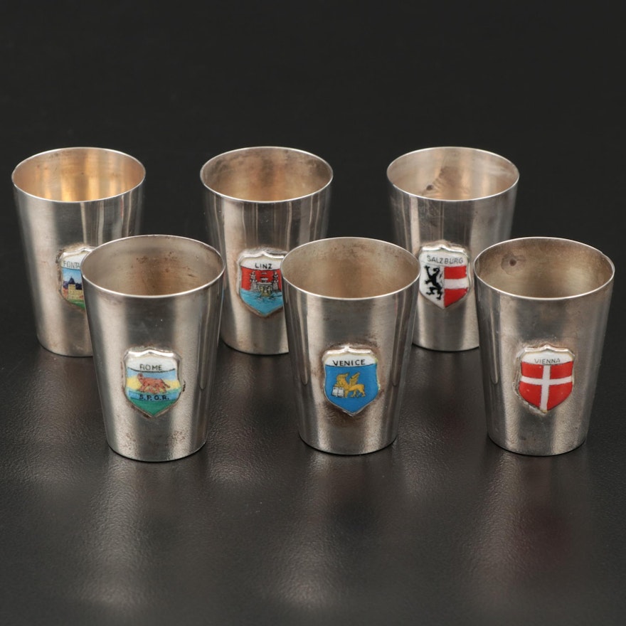 Sterling Silver and Enamel Souvenir Shot Glasses