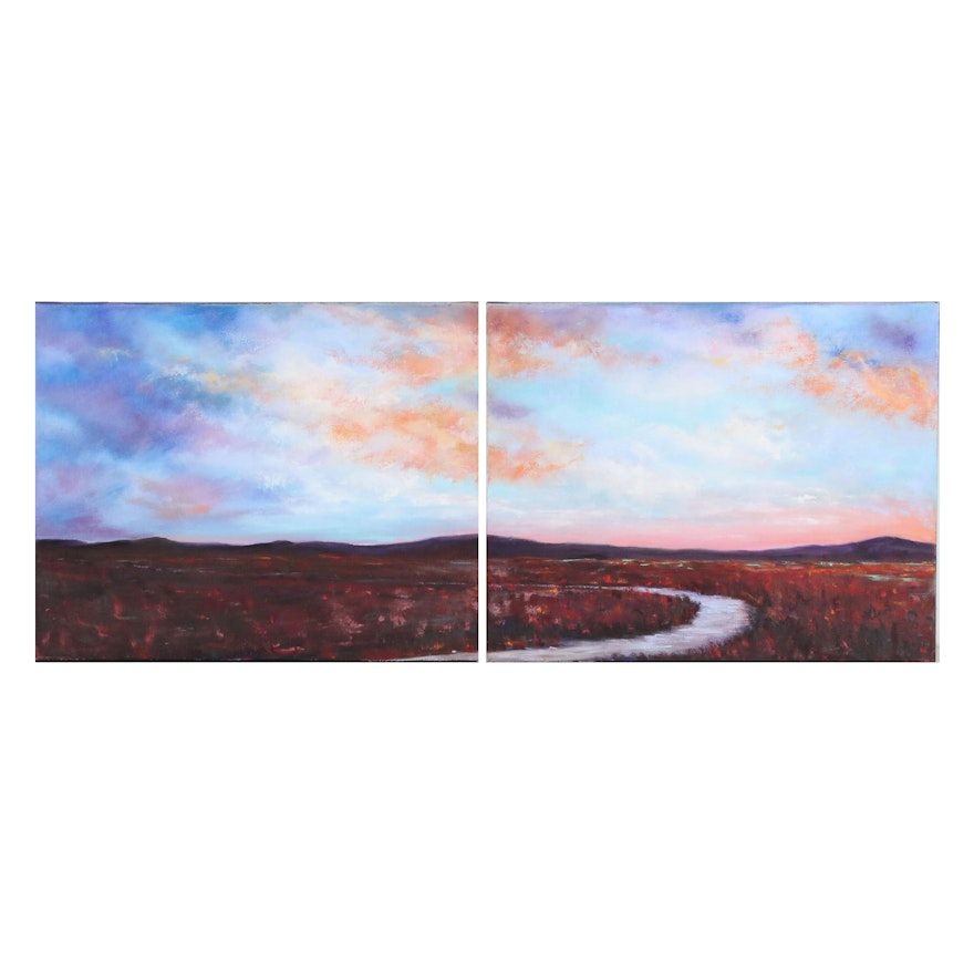 Sanna Diptych Acrylic Painting of River Scene "Meandering"