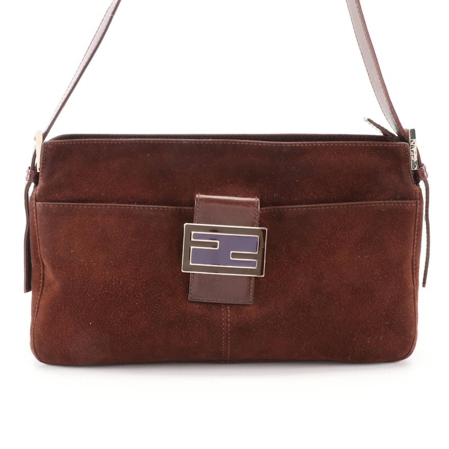 Fendi Shoulder Bag in Brown Suede and Leather with Two-Tone Enamel FF Logo