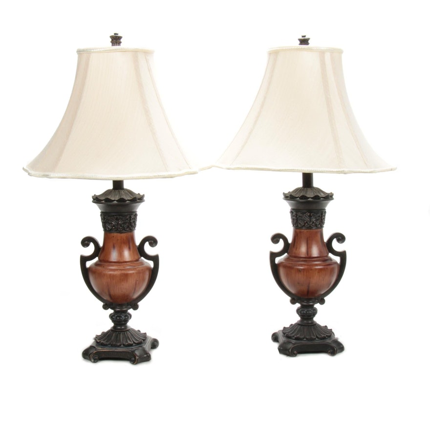 Wood and Metal Urn Pair of Table Lamps