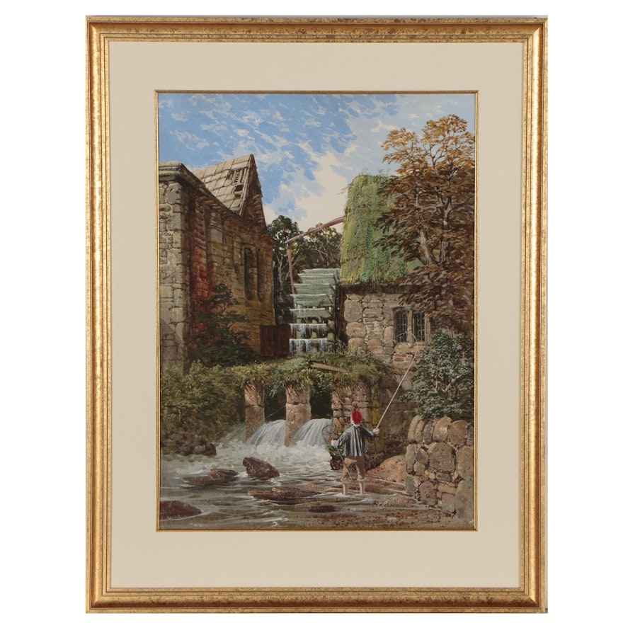 Boy Fishing at an Old Mill Gouache Painting, Mid 20th Century