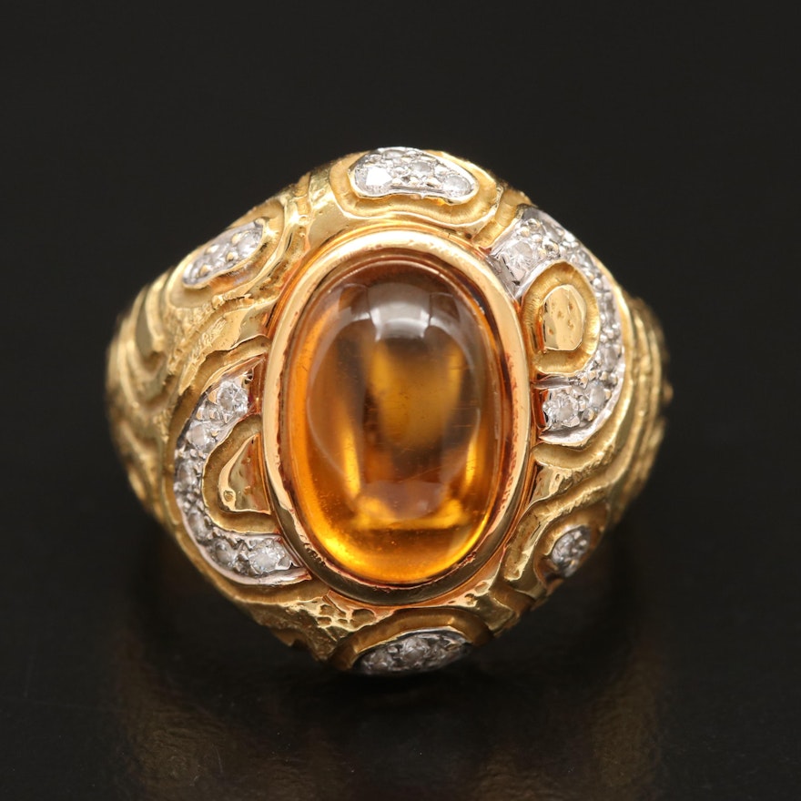 18K Citrine and Diamond Etched Motif Ring