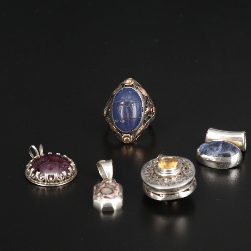 950 and Sterling Pendants and Ring with Sodalite, Corundum and Citrine