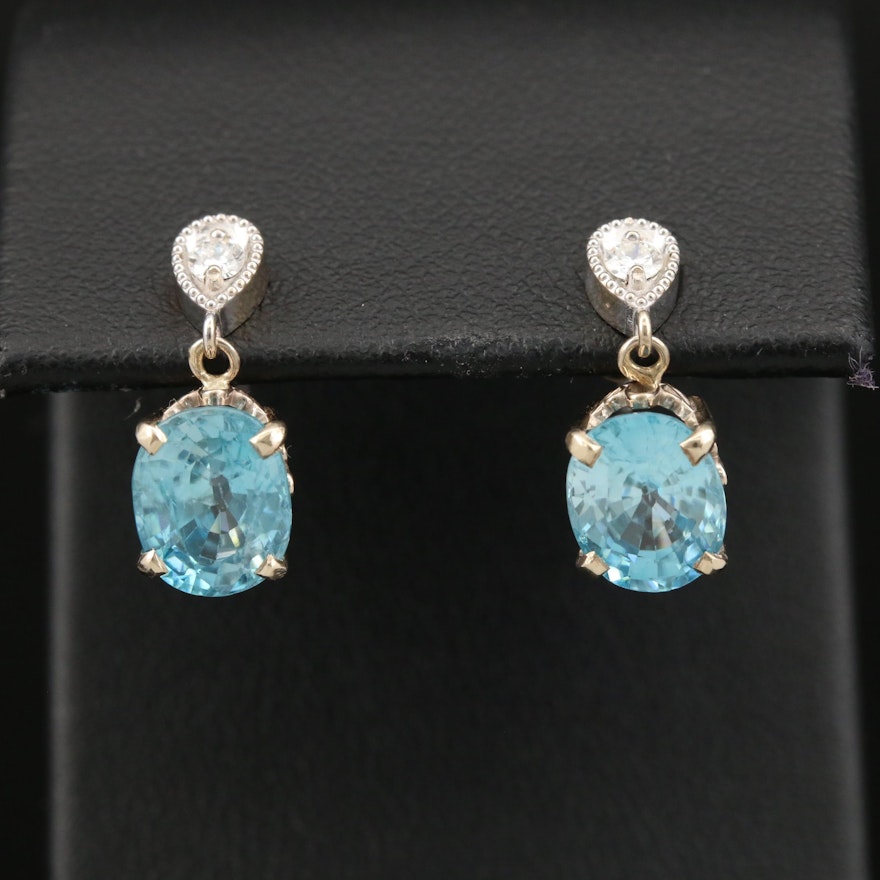 14K Blue Zircon and Diamond Drop Earrings