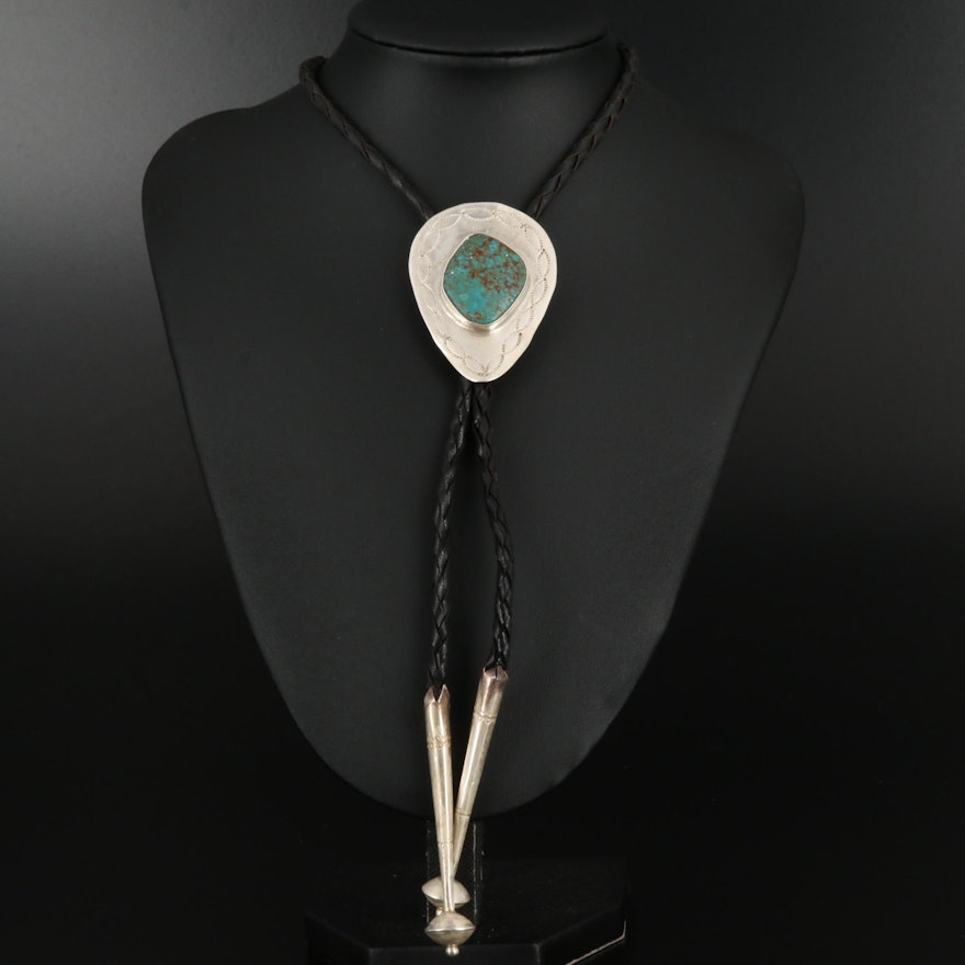 Southwestern Sterling Turquoise and Leather Bolo Tie with Stampwork