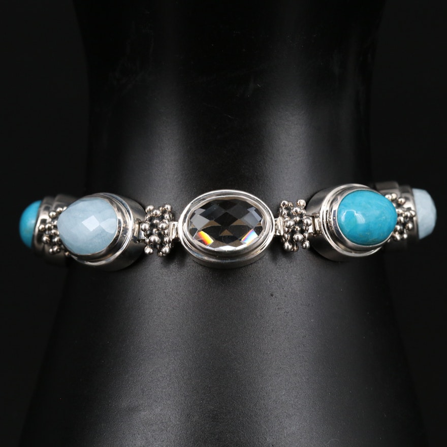 Michael Dawkins Sterling Silver Crystal Quartz, Beryl and Turquoise Bracelet