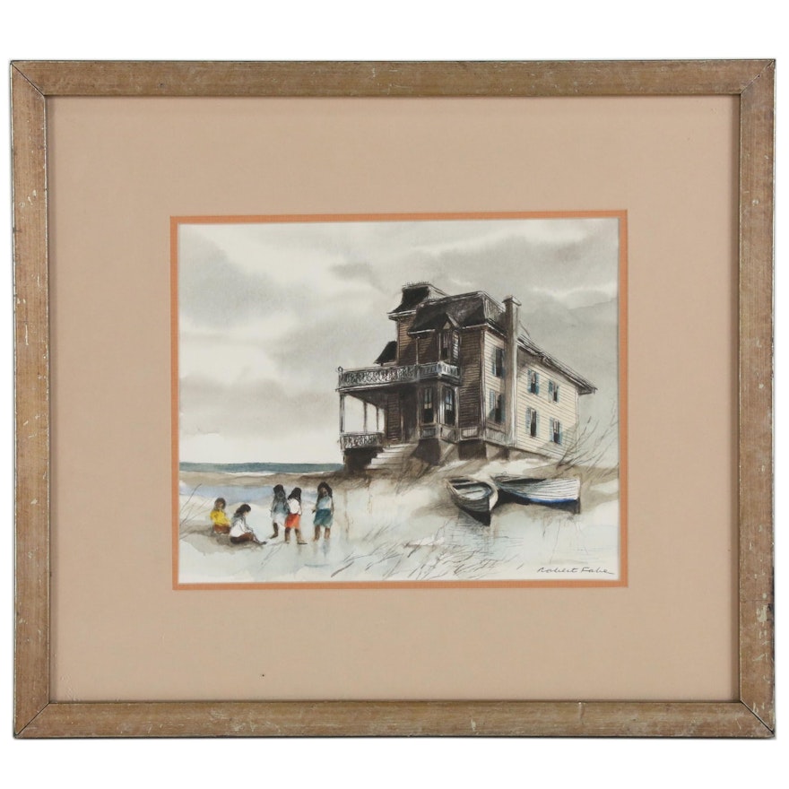 Robert Fabe Watercolor Painting Beach Scene with Figures, Mid 20th Century