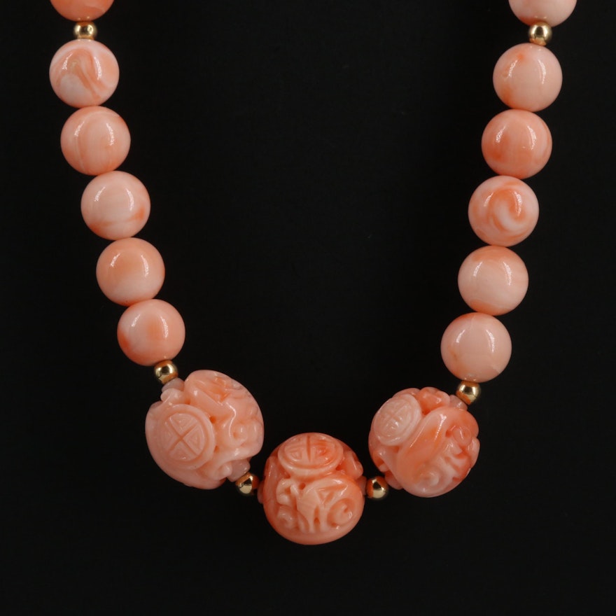 Coral Bead Necklace with Asian Coral Carvings