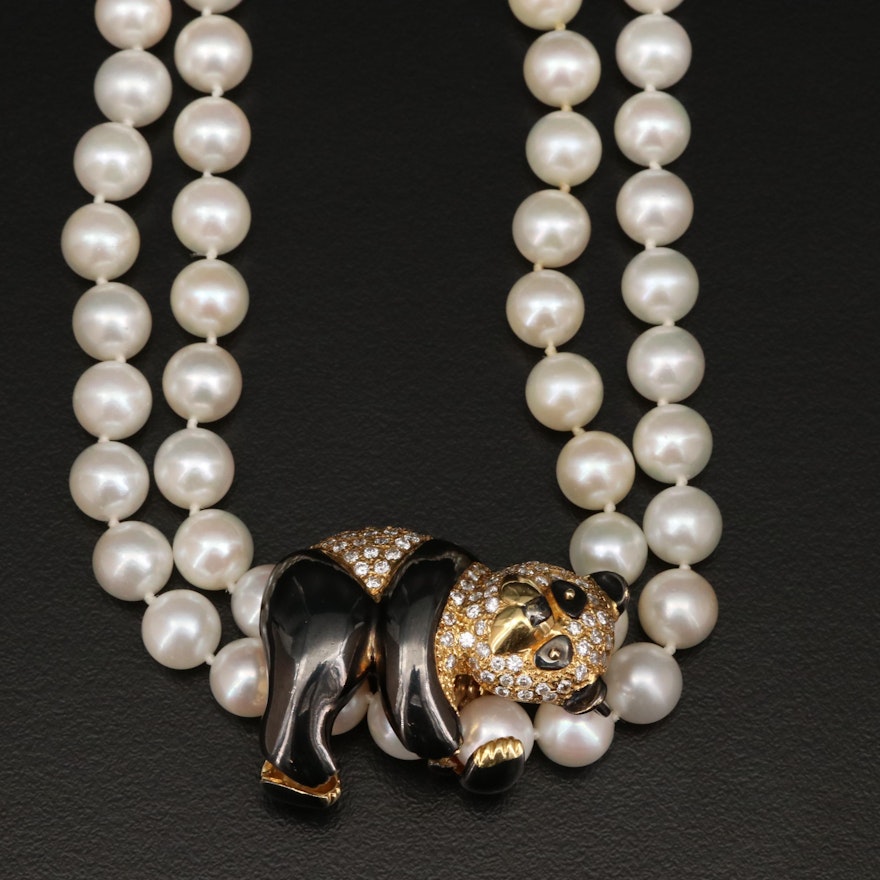 18K 1.14 CTW Diamond Panda Enhancer Pendant and Pearl Necklace with 14K Clasp