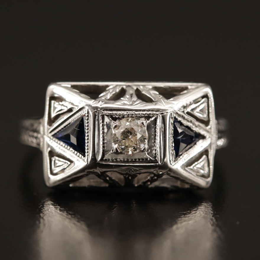 Art Deco 14K Diamond and Blue Sapphire Ring