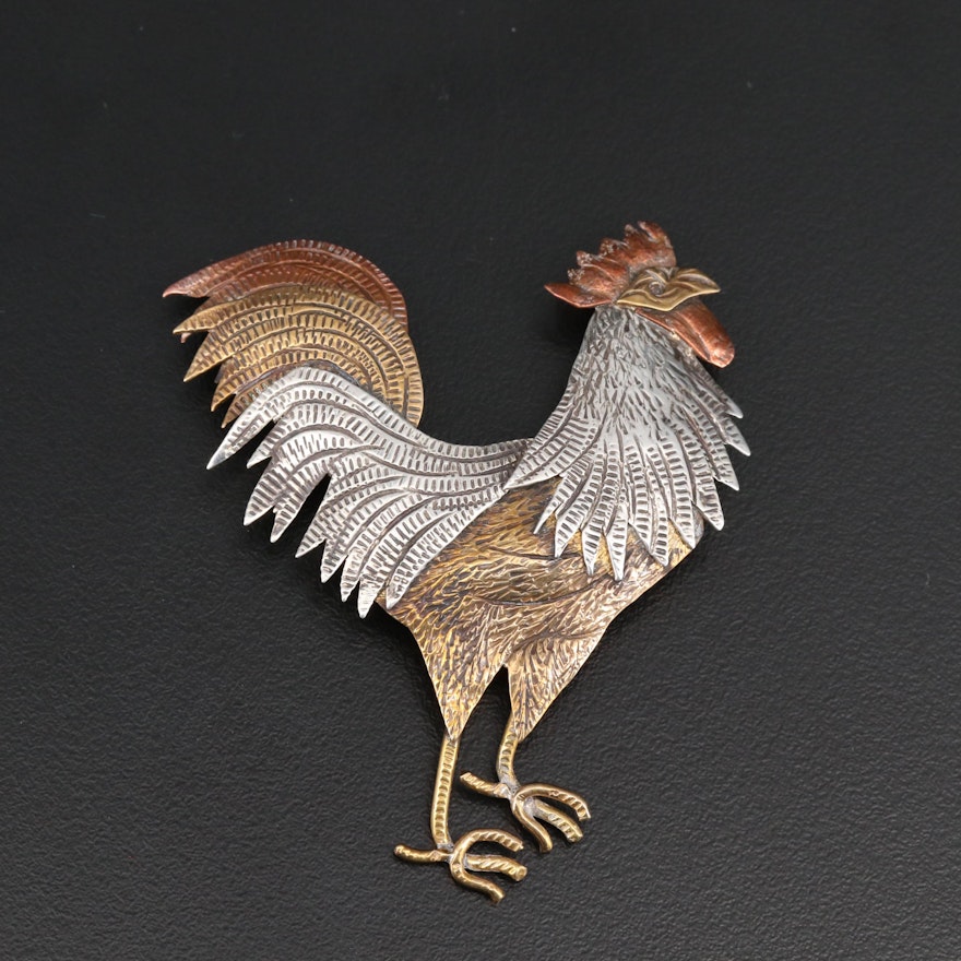 Signed Sterling Silver Rooster Brooch with Stamp Work Design