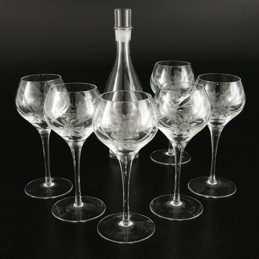 Floral Etched Wine Glasses and Decanter, Mid-20th Century