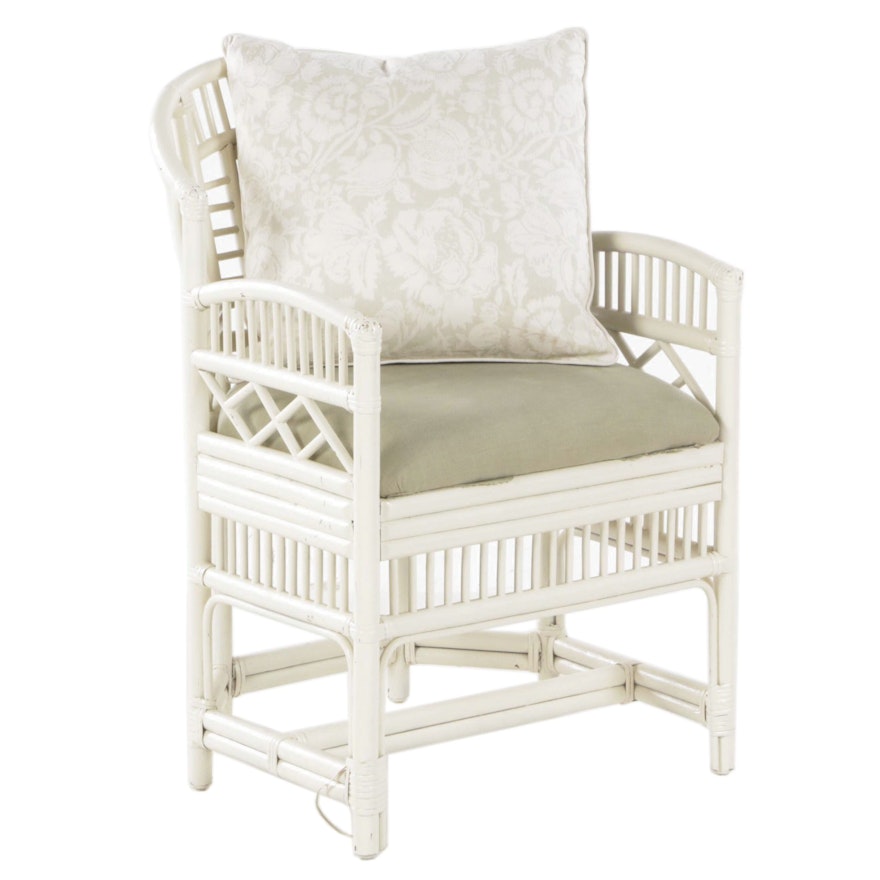 Painted Wood and Rattan Upholstered Arm Chair