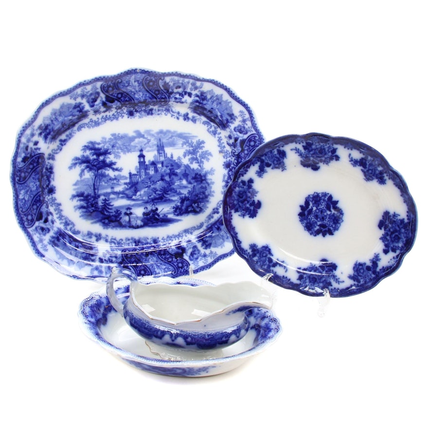 English Blue and White Ironstone Transferware Serving Dishes, Antique