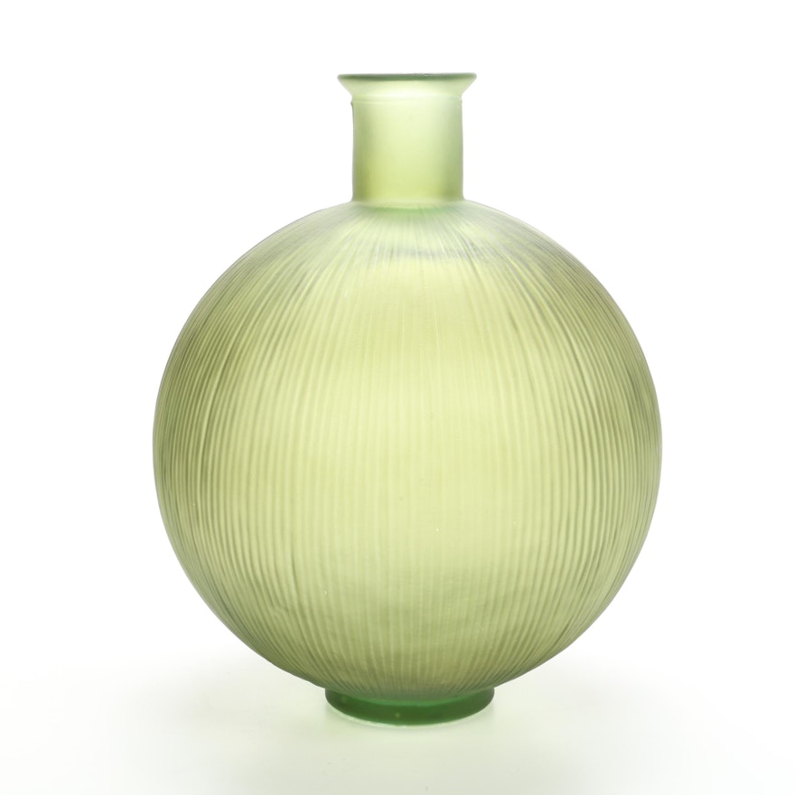 Avocado Green Frosted Ribbed Glass Floor Vase