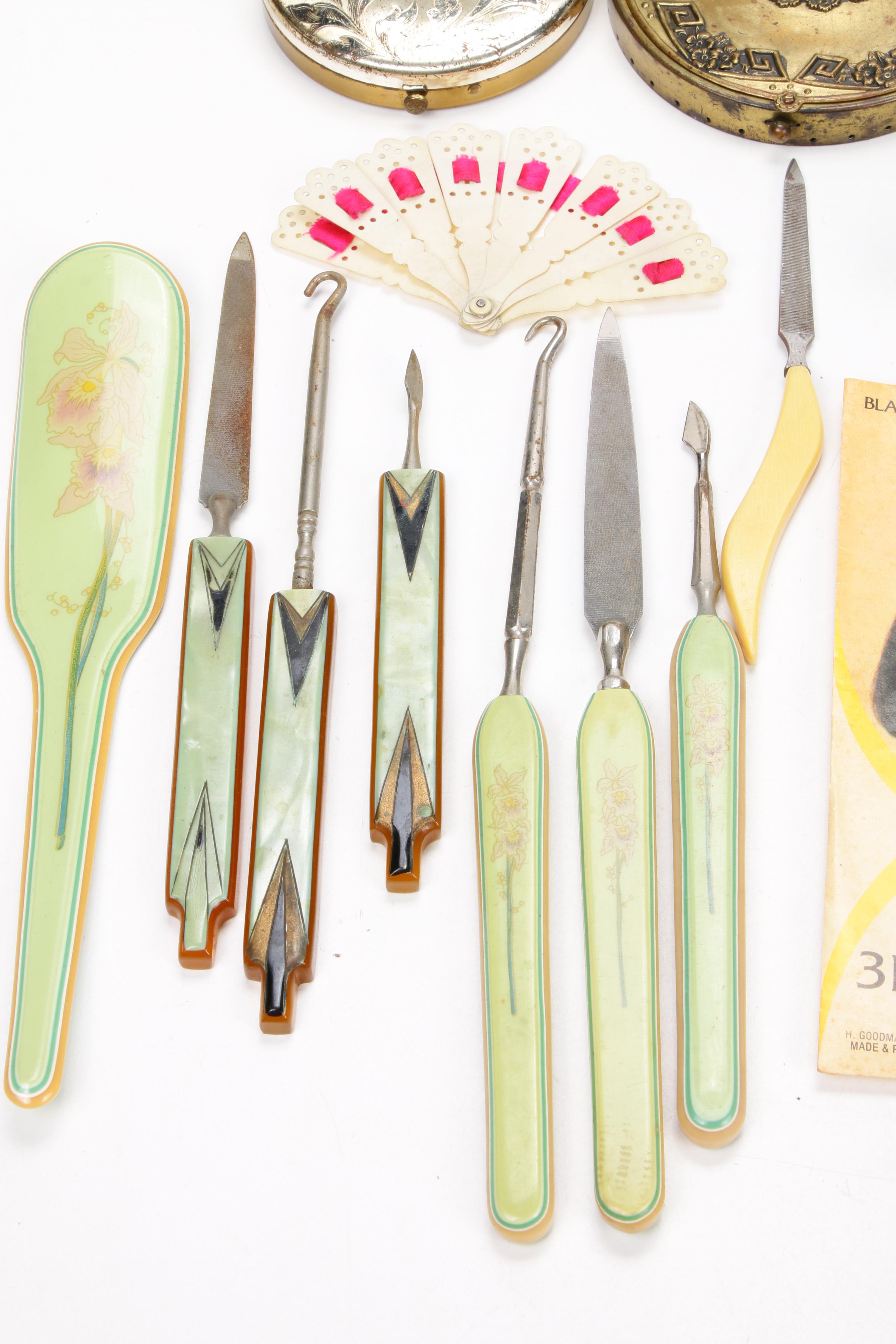 Dupont Lucite, Art Deco Pearled Green Celluloid, and Other Vanity Accessories