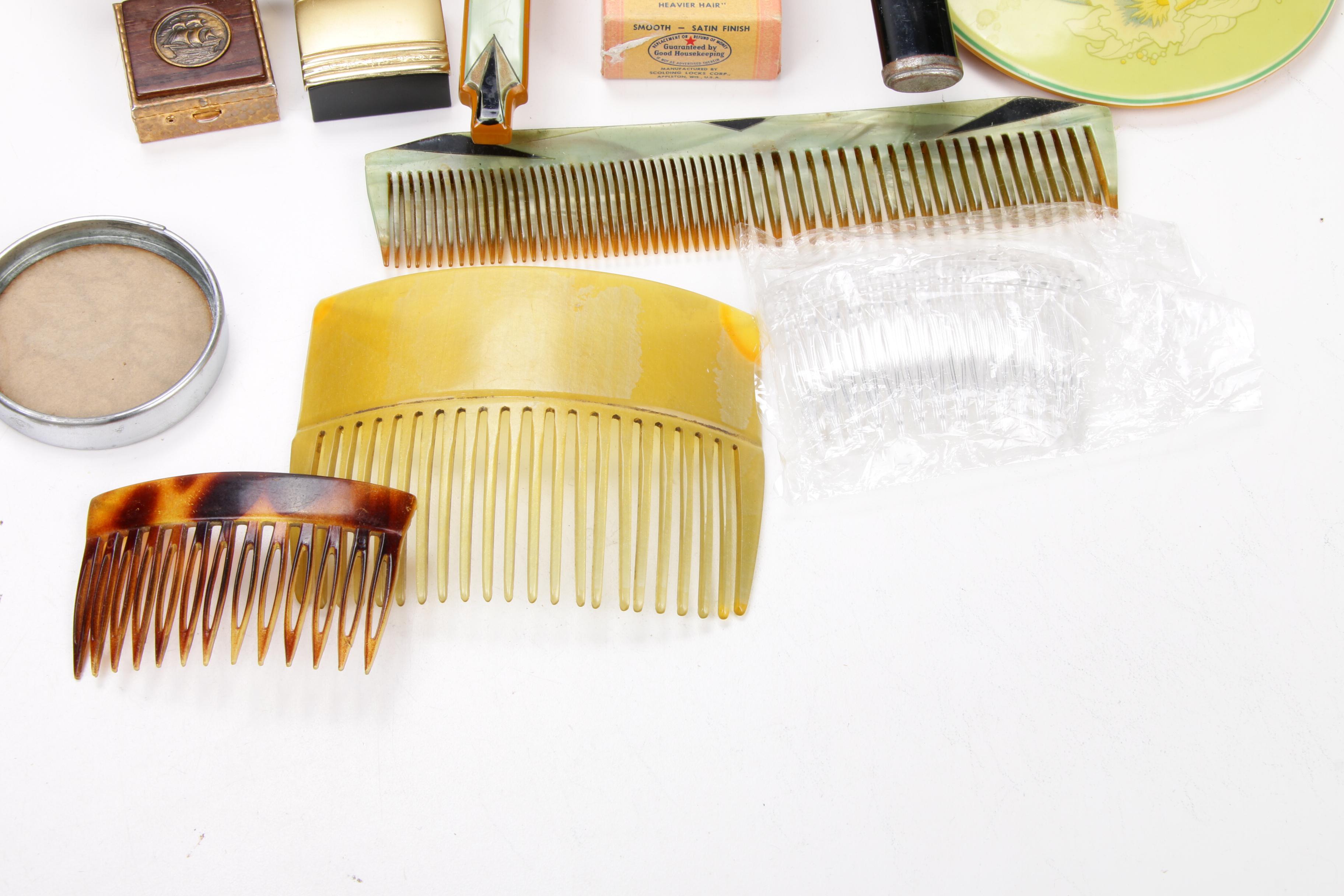 Dupont Lucite, Art Deco Pearled Green Celluloid, and Other Vanity Accessories