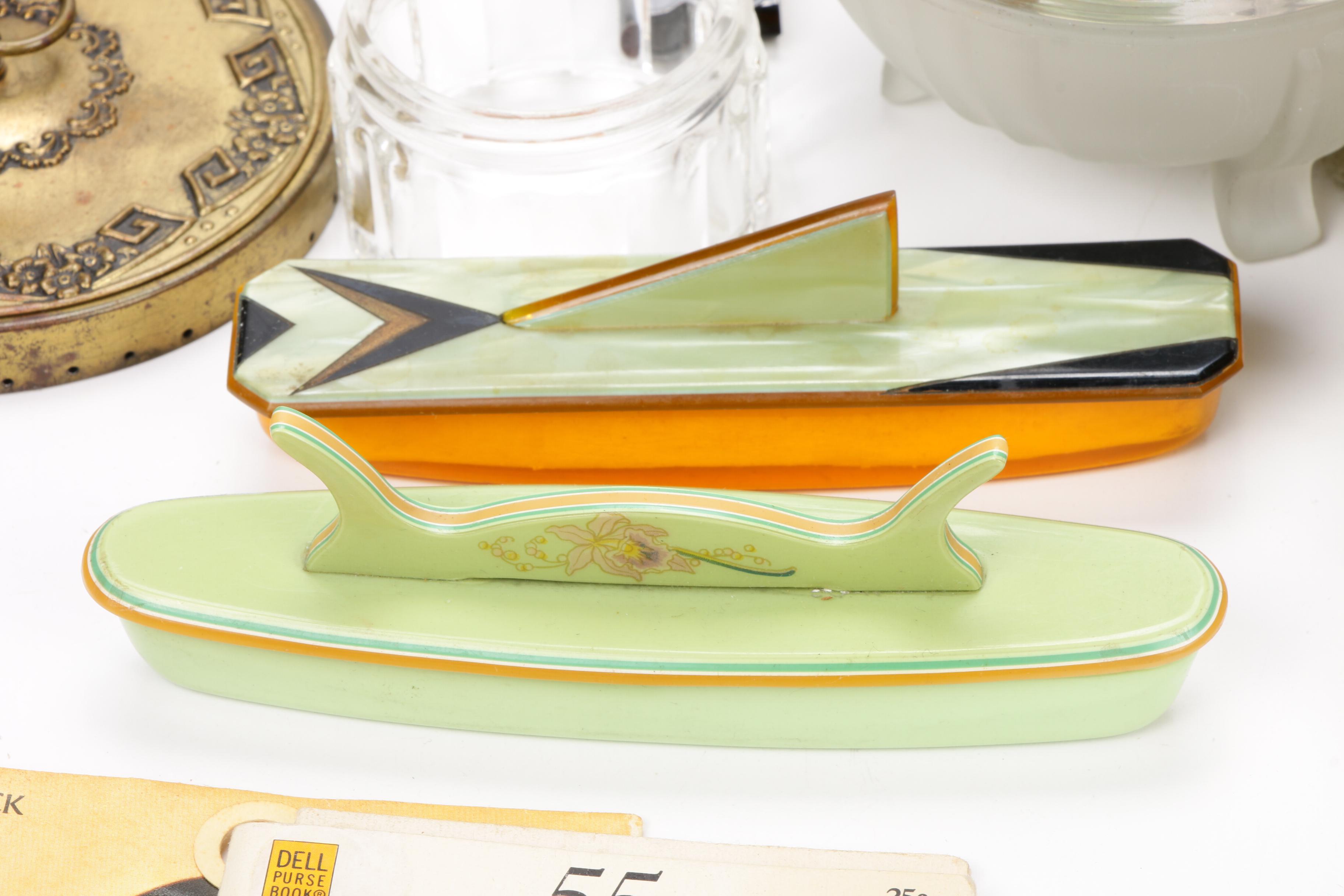 Dupont Lucite, Art Deco Pearled Green Celluloid, and Other Vanity Accessories