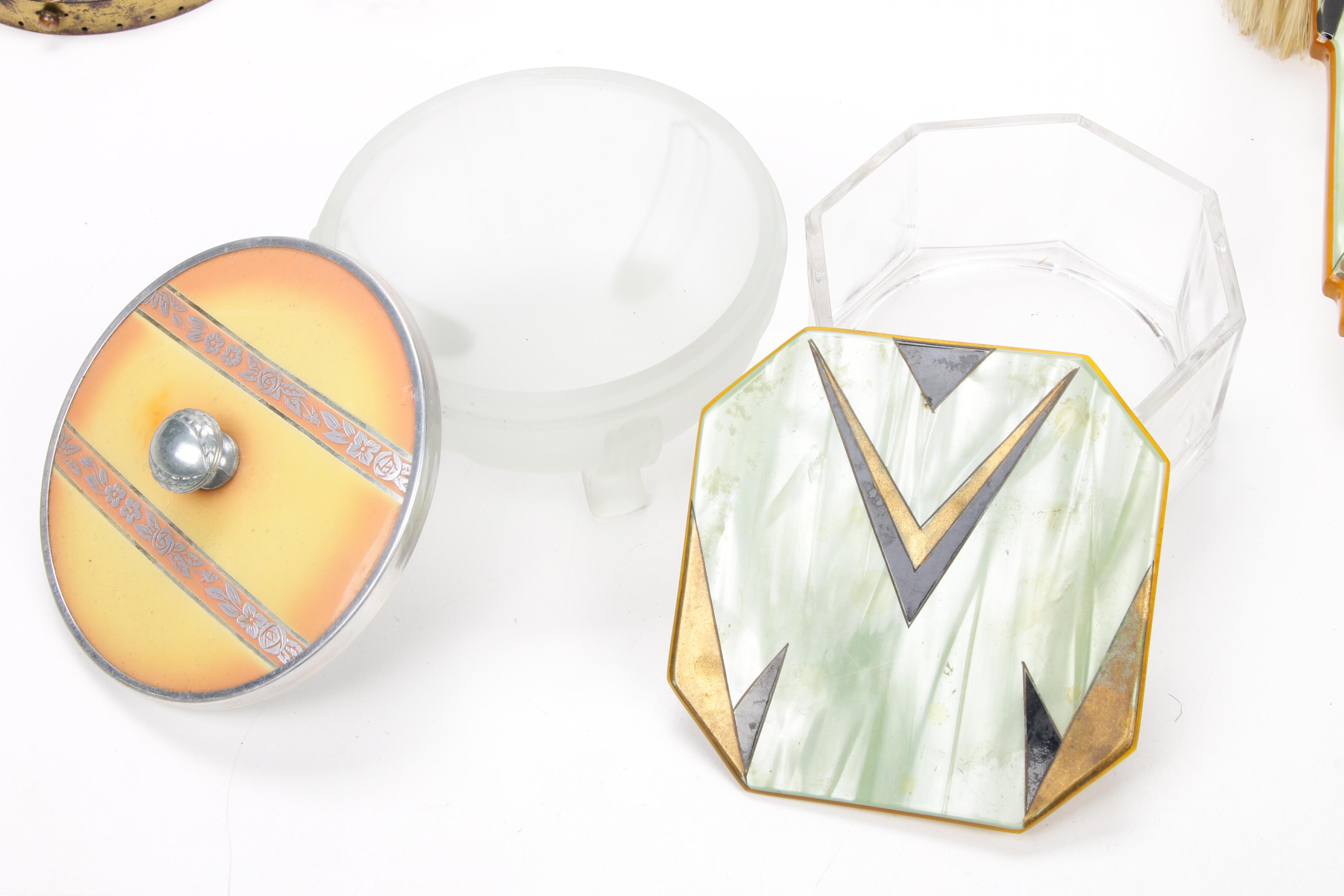 Dupont Lucite, Art Deco Pearled Green Celluloid, and Other Vanity Accessories