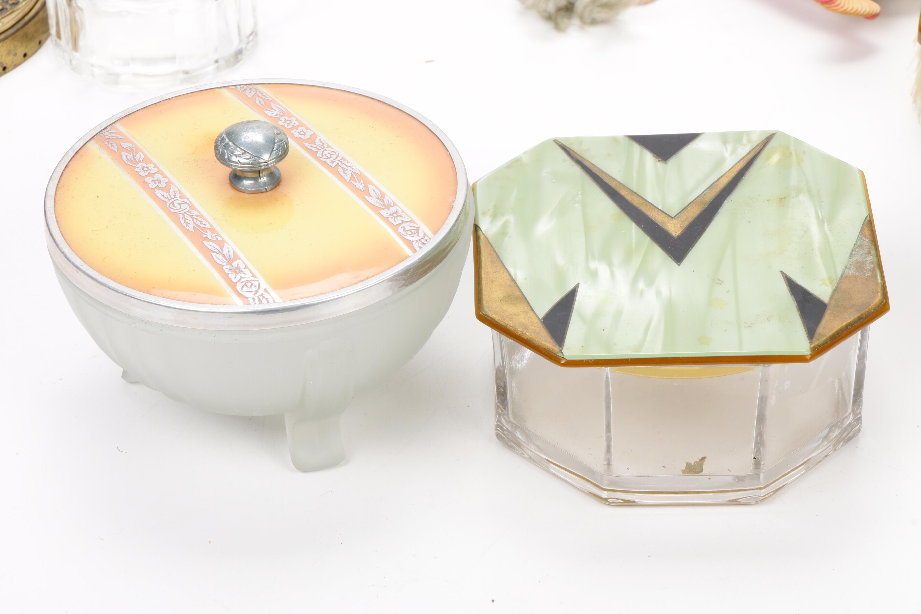 Dupont Lucite, Art Deco Pearled Green Celluloid, and Other Vanity Accessories