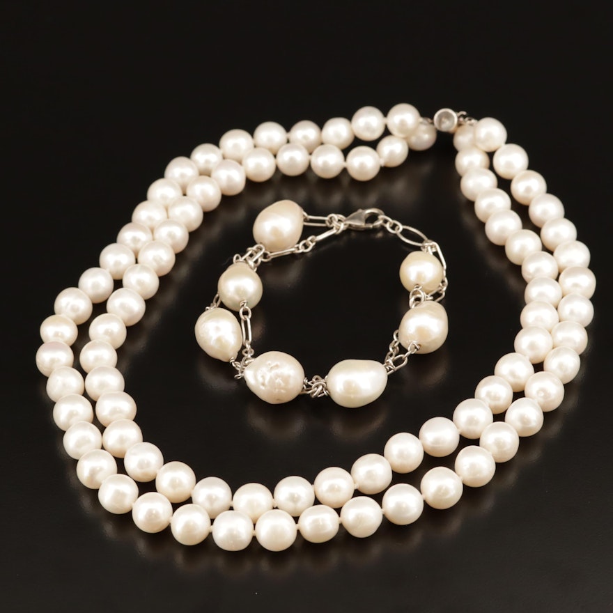 Sterling Silver Double Strand Pearl Necklace and Bracelet