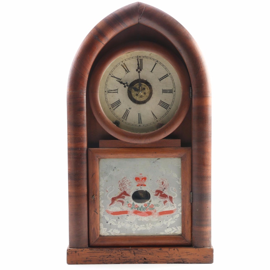 Ansonia Walnut Beehive Mantle Clock with Heraldic Glass Door, Late 19th Century