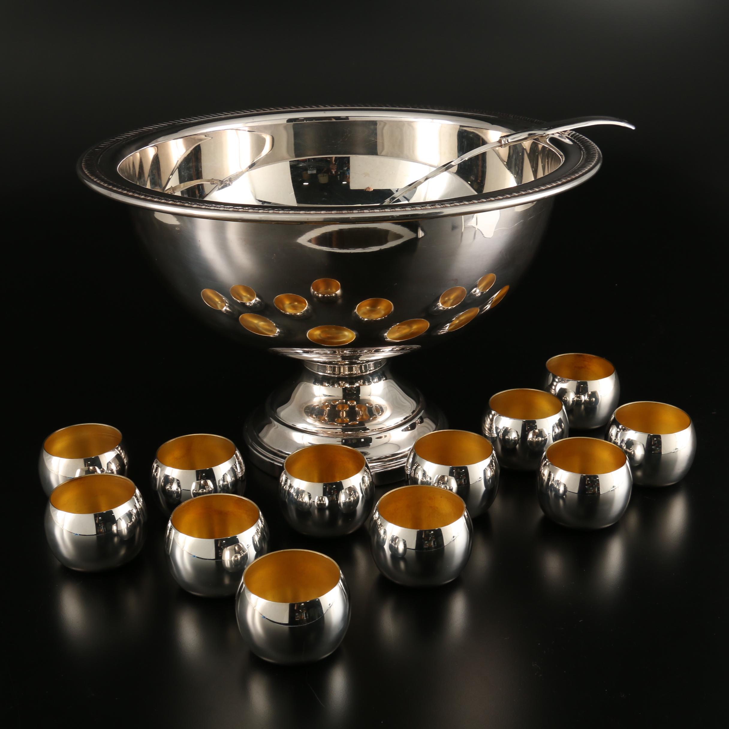 F.B. Rogers Silver Plate Punch Bowl Set for Twelve, Mid-20th Century