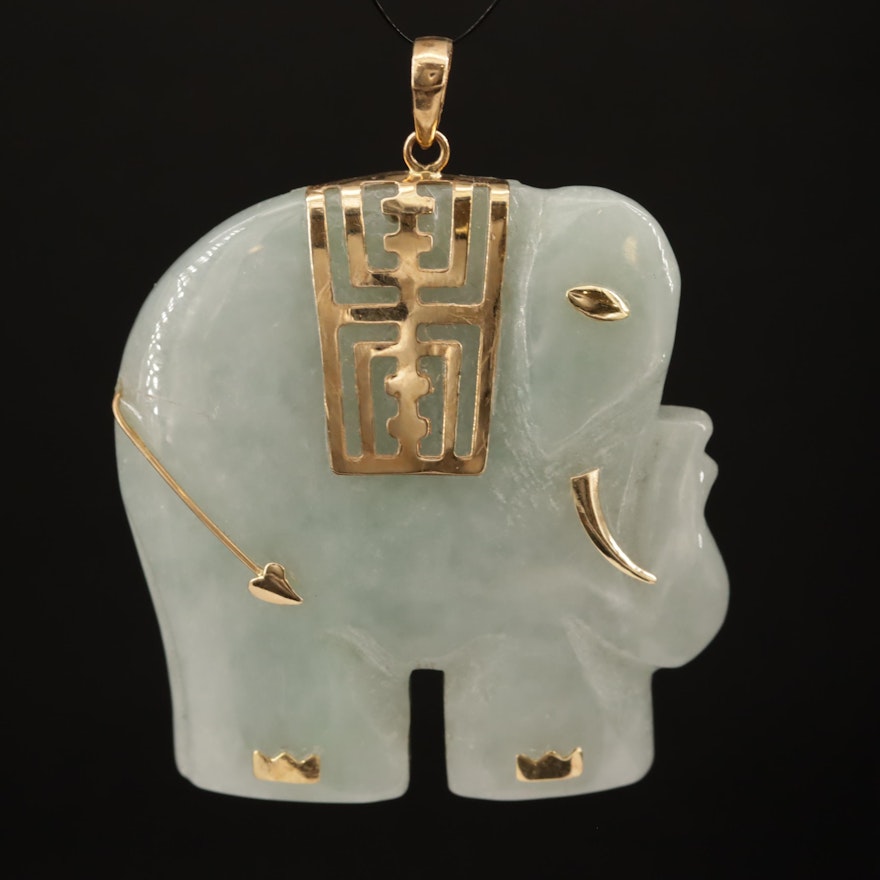 Carved Jadeite Elephant Pendant with 14K Accents