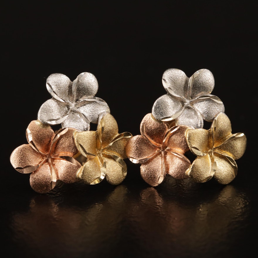 14K Tri-Gold Plumeria Earrings