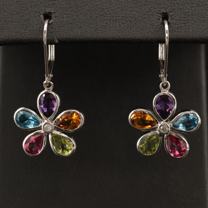 Sterling Topaz, Amethyst, Citrine and Peridot Floral Dangle Earrings