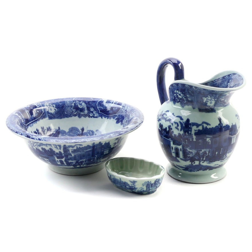 Reproduction Flow Blue Blue Ewer and Basin With Matching Soap Dish