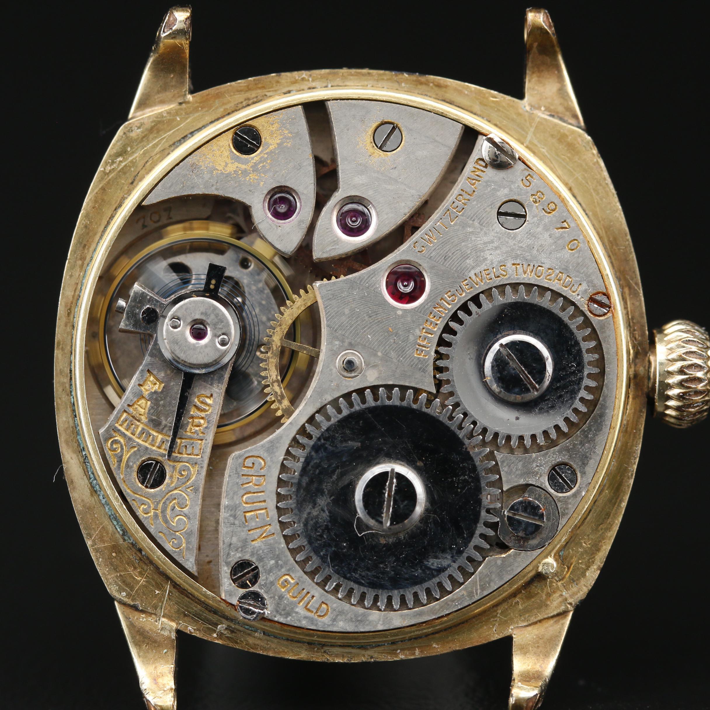 Gruen 14K Gold Filled Art Deco Style Watch, Mid To Late 1920s