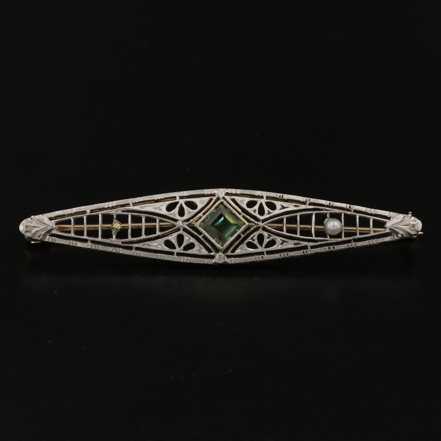 Vintage 14K Tourmaline and Seed Pearl Bar Brooch with Platinum Top