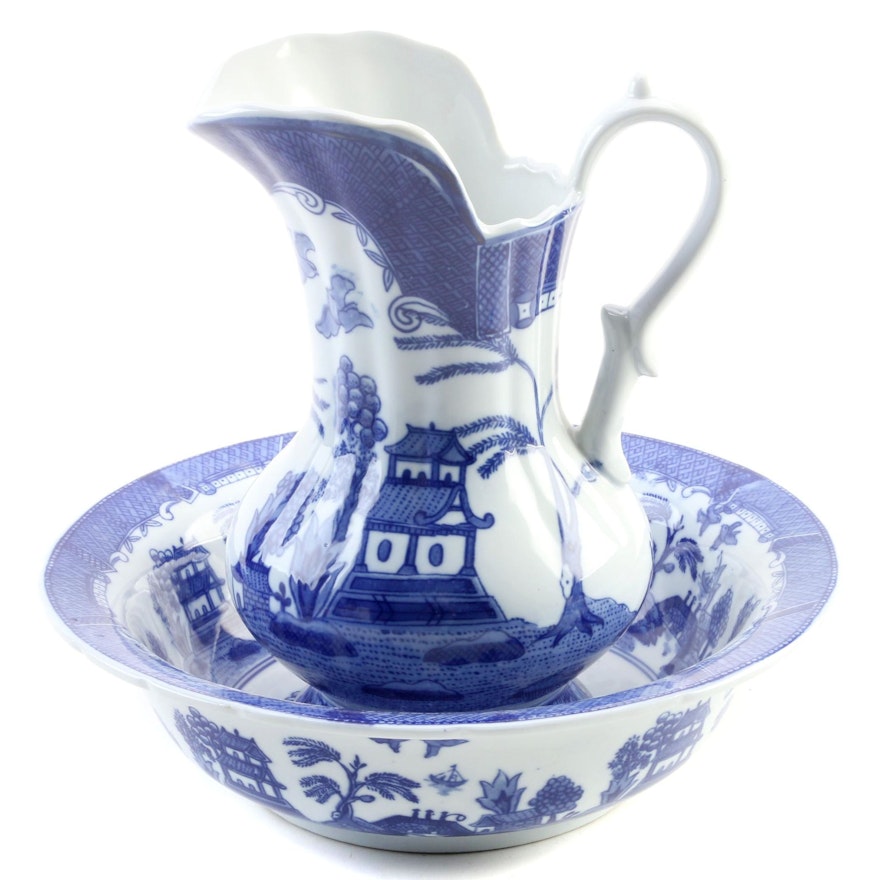 Reproduction Transferware Blue Willow Ewer and Basin