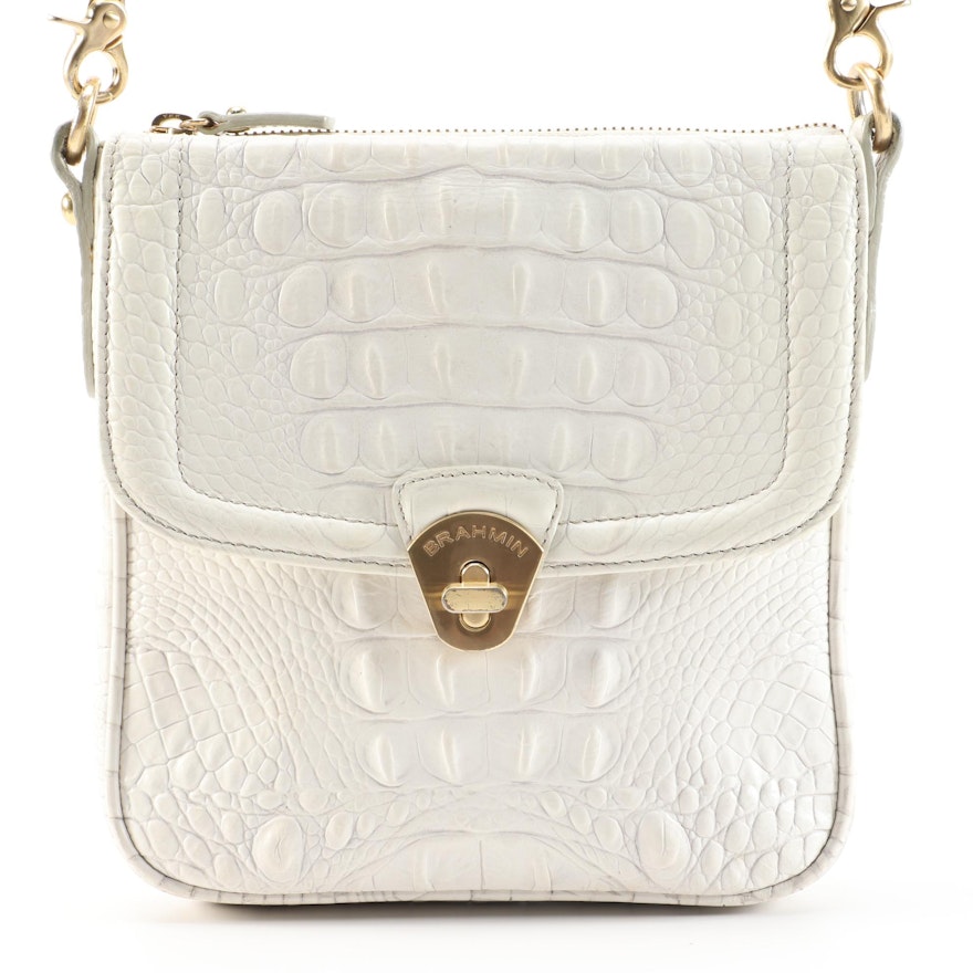 Brahmin White Crocodile Embossed Leather Crossbody Bag