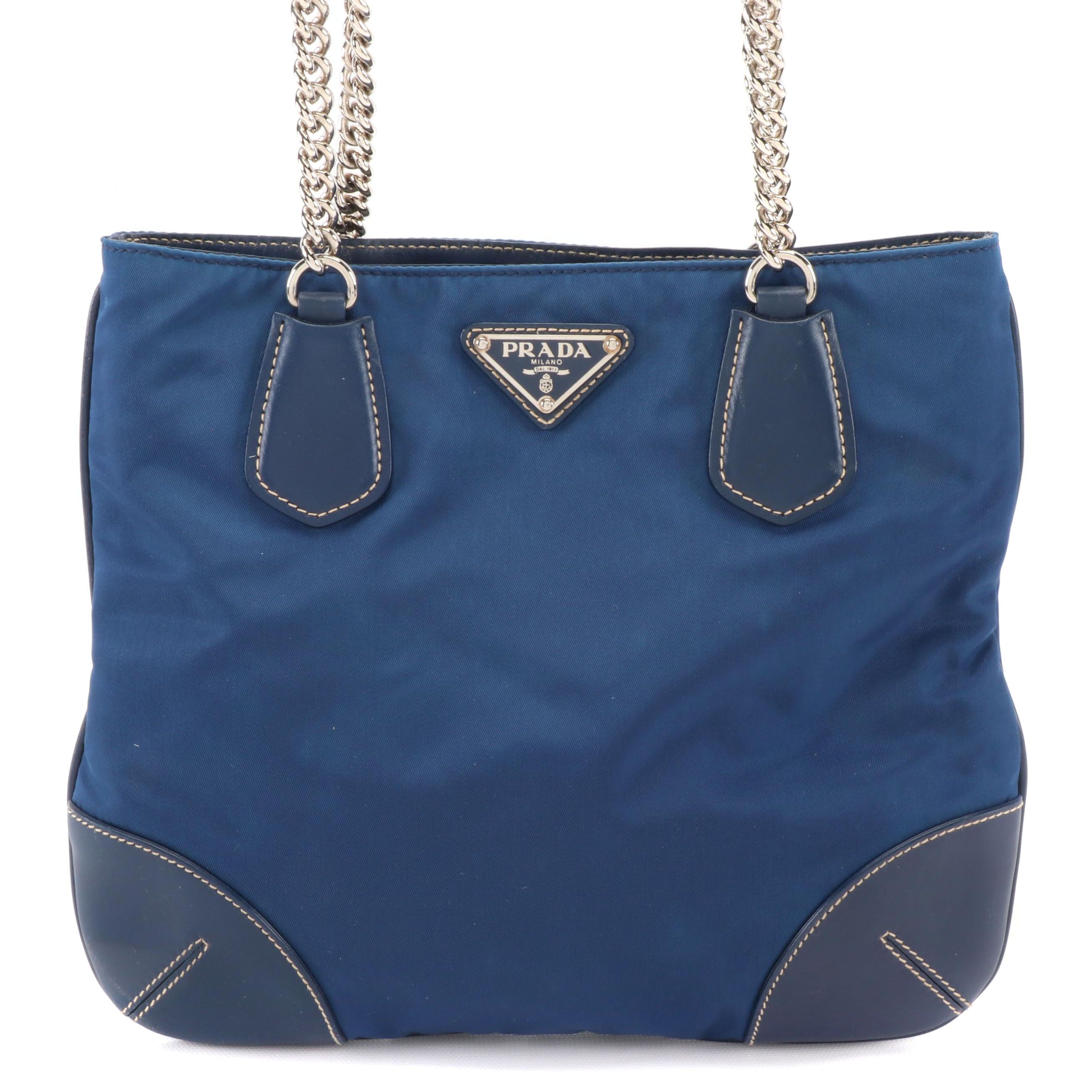 Prada Small Chain Tote in Bluette Tessuto Nylon and Vitello Leather