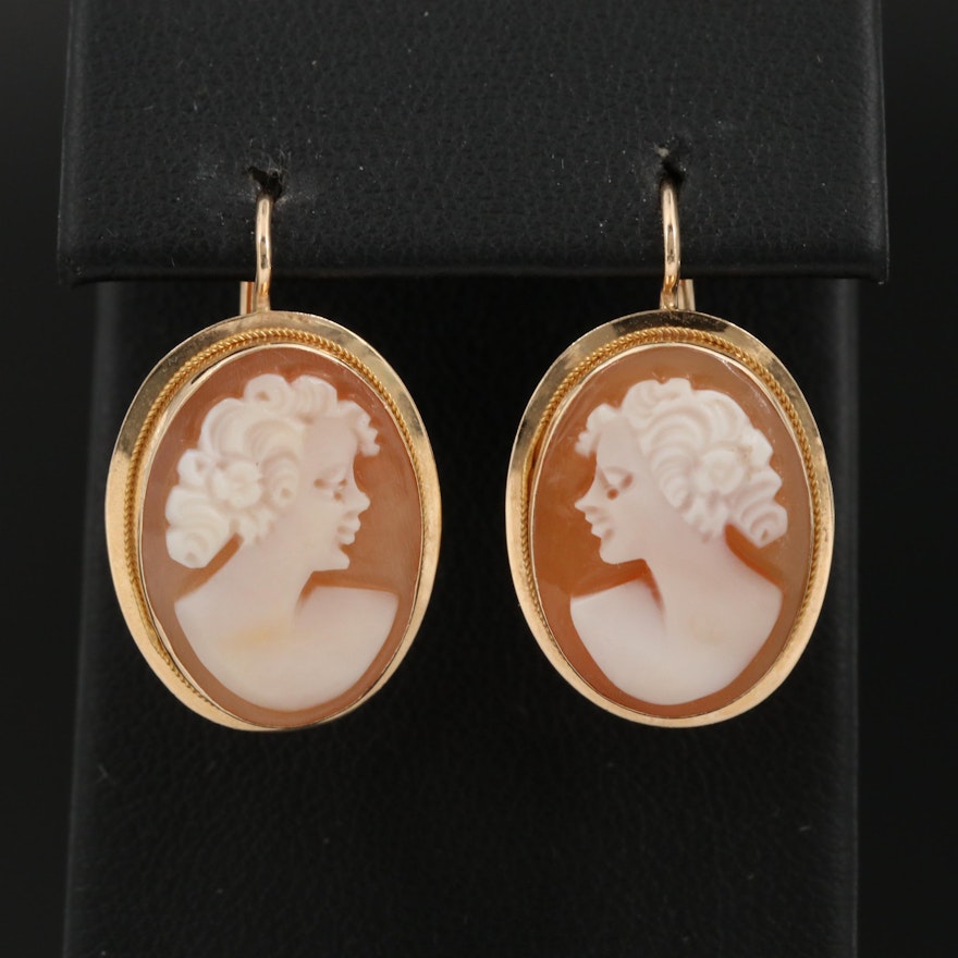 14K Gold Helmet Shell Cameo Earrings