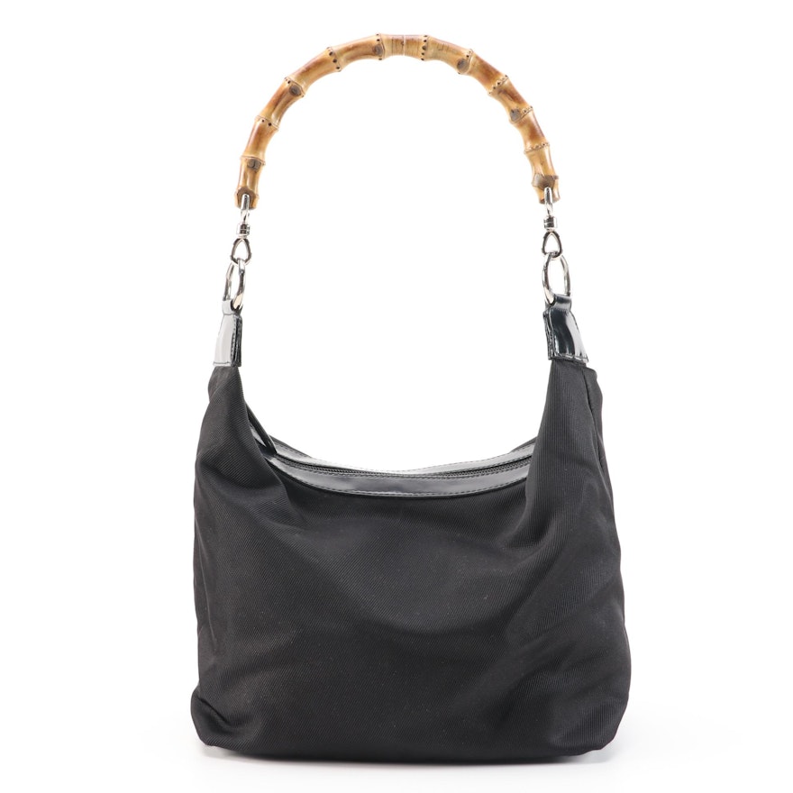 Gucci Bamboo Black Canvas and Glazed Leather Trimmed Shoulder Bag