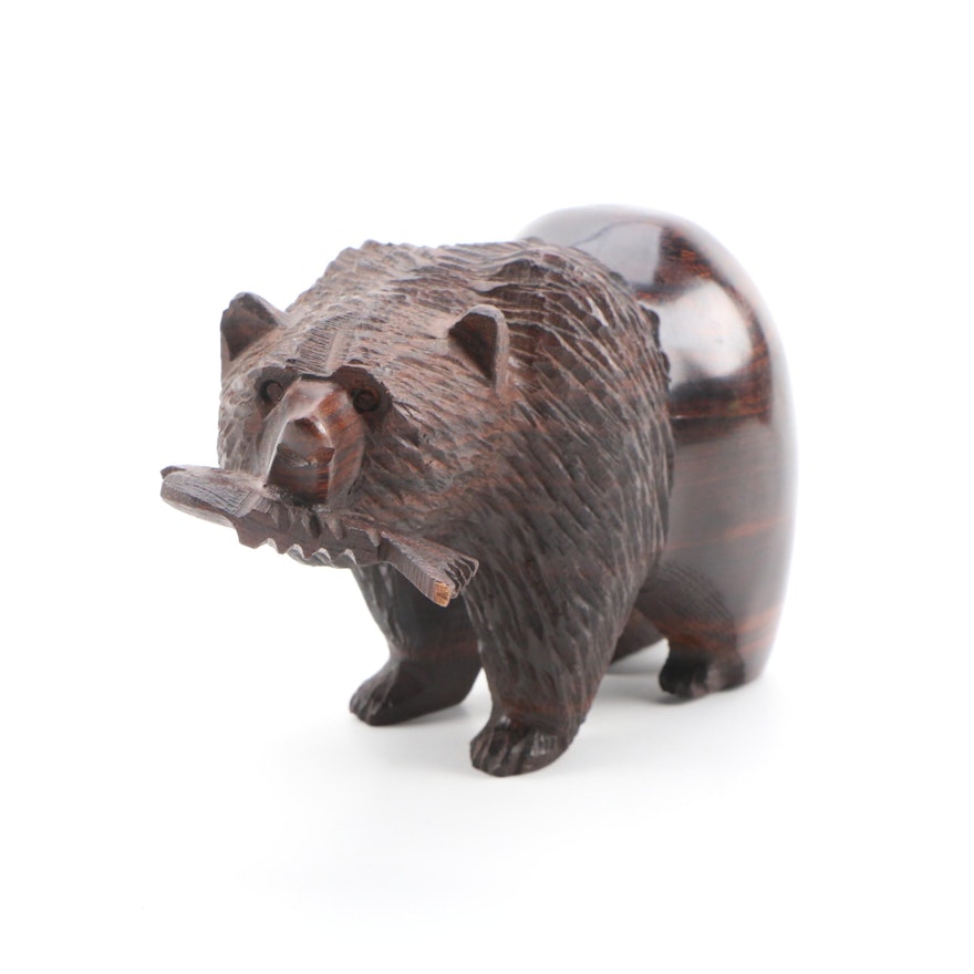 Carved Walnut Grissly Bear with Fish Sculpture