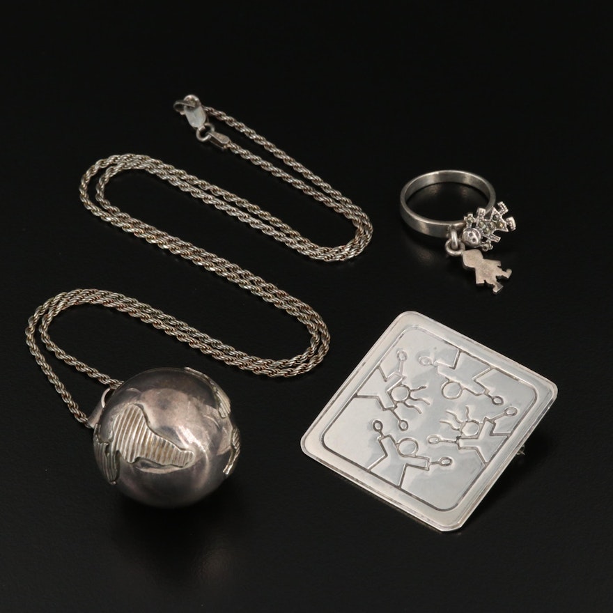 Sterling Silver Globe Chime Pendant Necklace with Children Motif Ring and Brooch