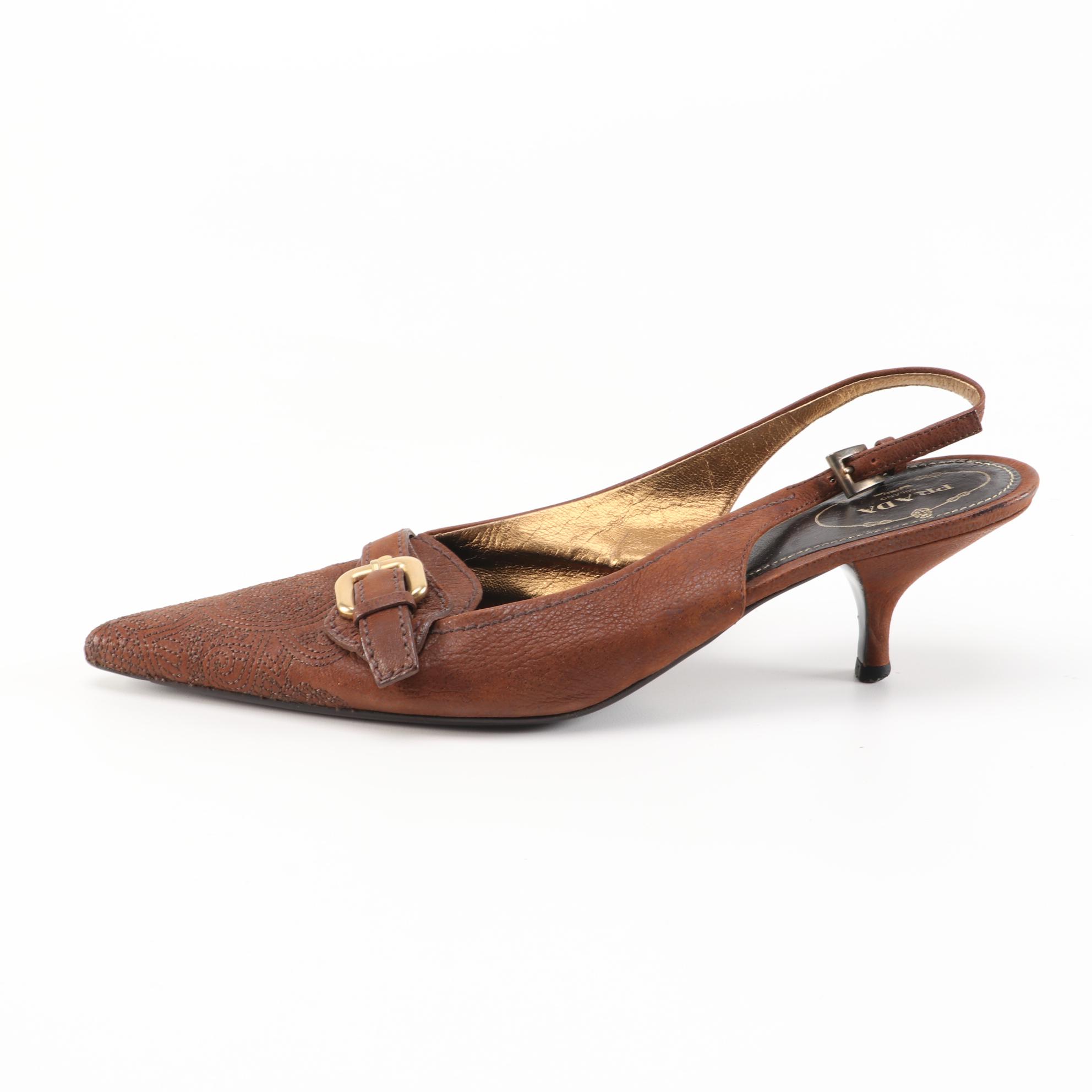 Prada Stitched Brown Leather Pointed Toe Slingbacks with Buckle Strap