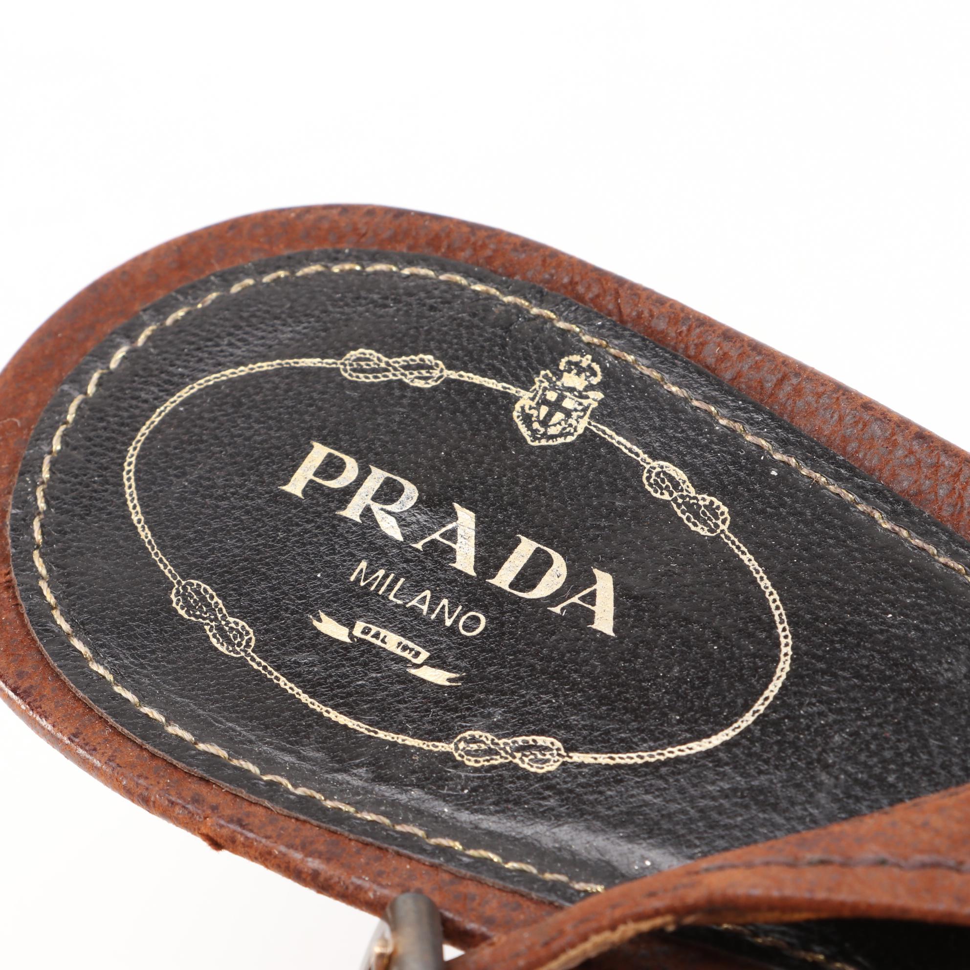 Prada Stitched Brown Leather Pointed Toe Slingbacks with Buckle Strap