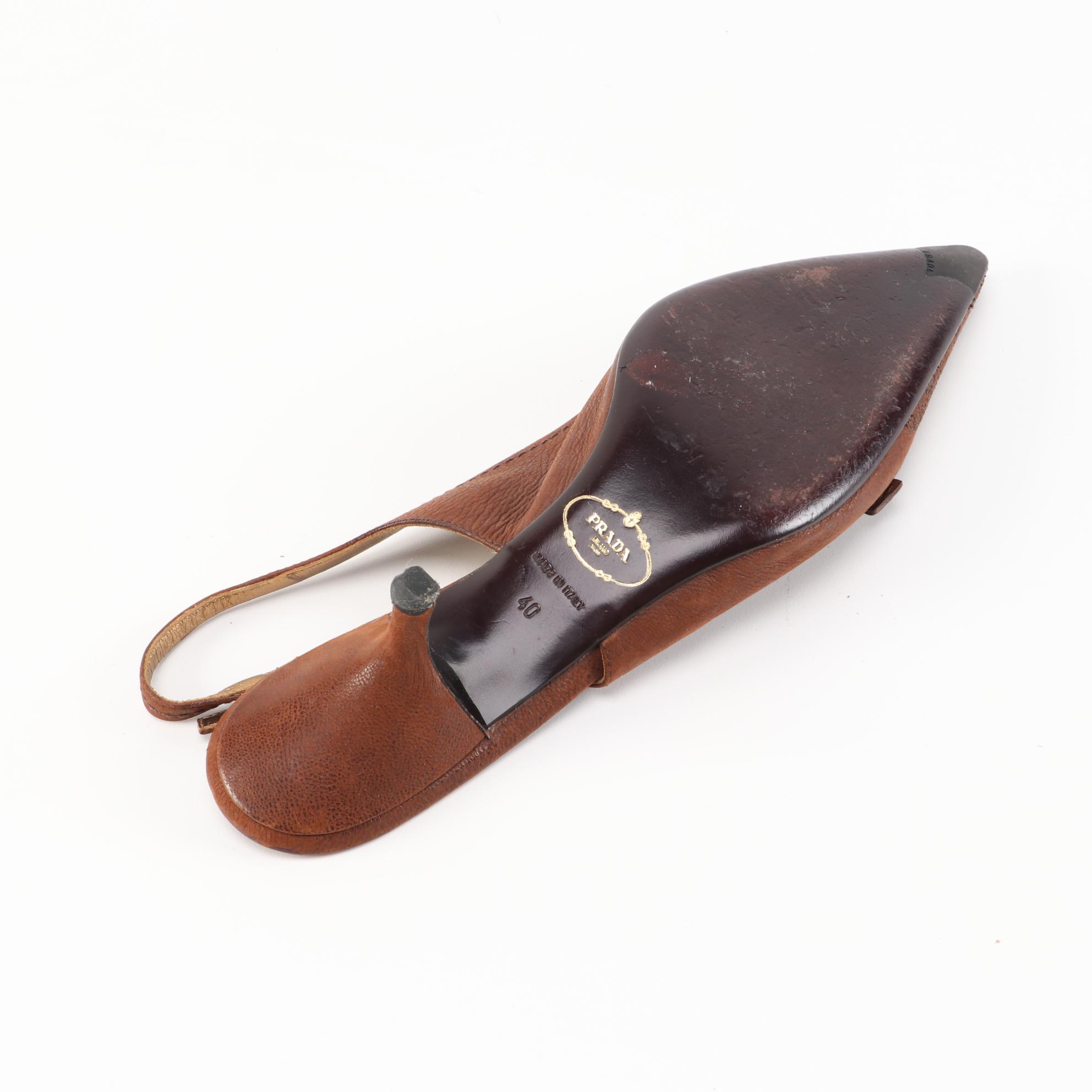 Prada Stitched Brown Leather Pointed Toe Slingbacks with Buckle Strap